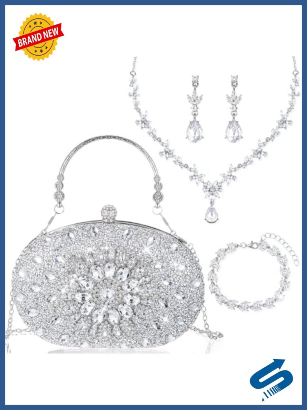 Rhinestone Jewelry Set with Clutch Bag 4 Piece Alloy Necklace Earrings Bracelet